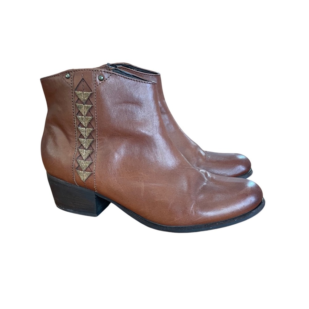 Clarks Womens Brown Leather Ankle Booties Side Zip Block Heel Size 9